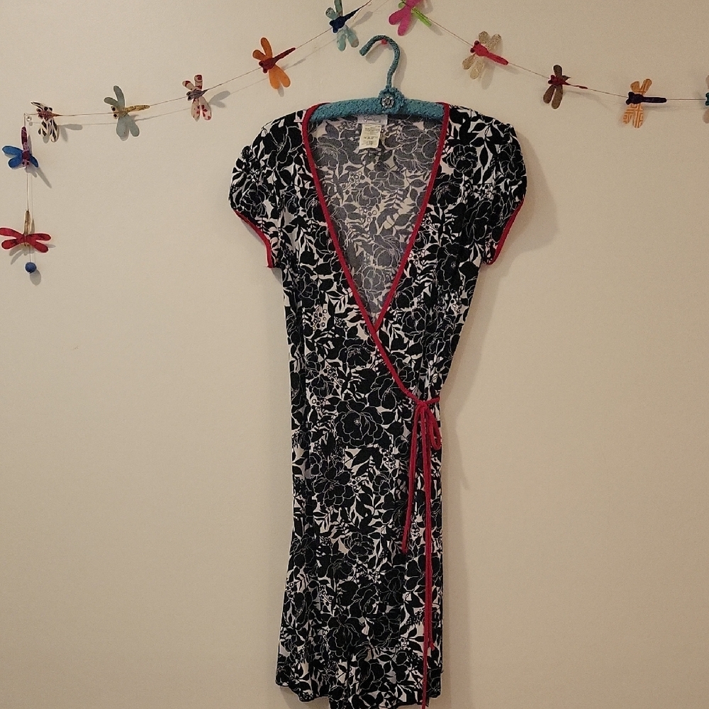 Floral Wrap Dress with Red Trim